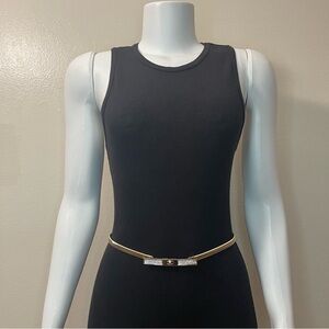 Gold tone metallic minimalist rectangle buckle rhinestones details skinny belt